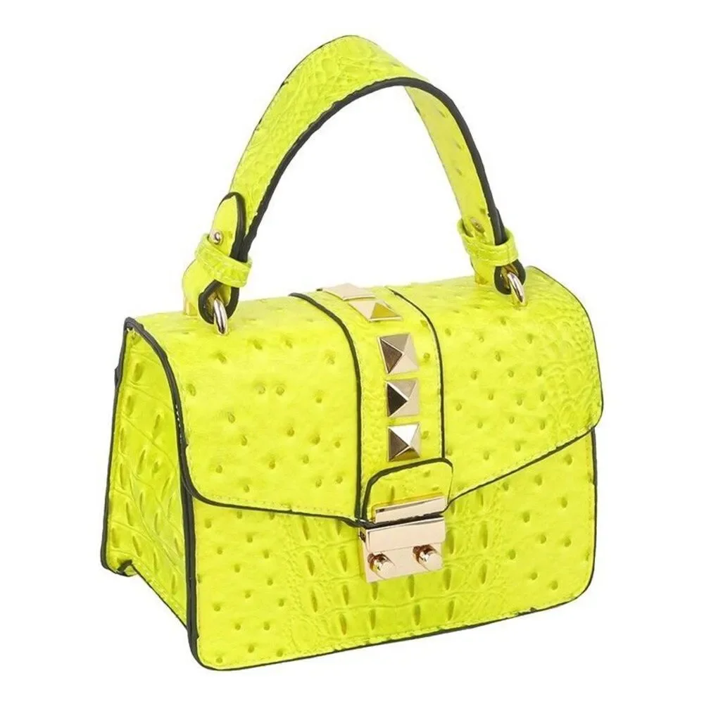 Women's Yellow Ostrich Croc Studded Top Flap Crossbody Handbag